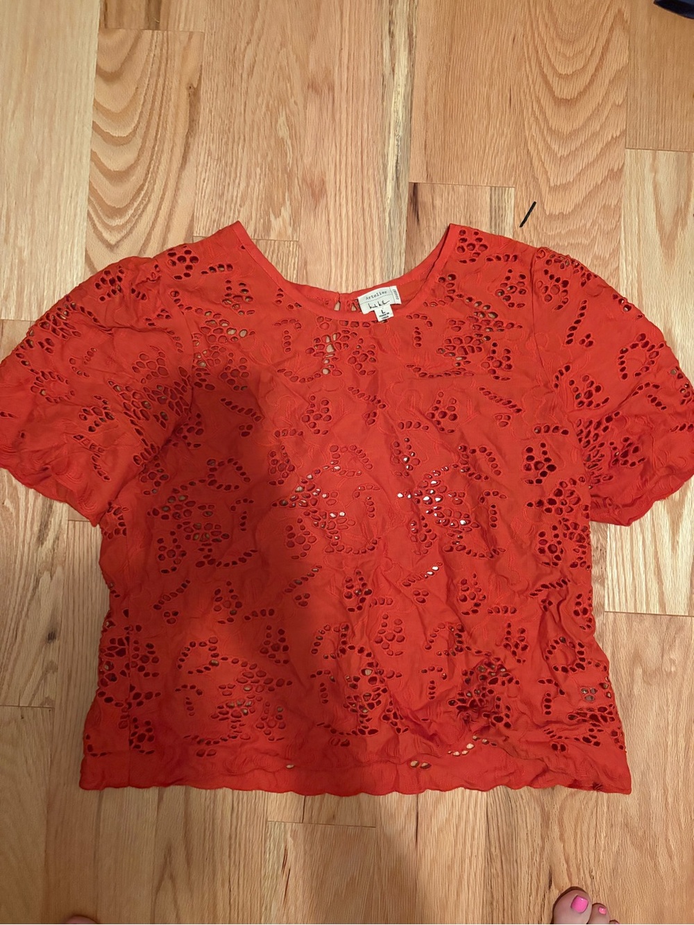 Nicole by Nicole Miller Coral Eyelet Short Sleeve Crop Top